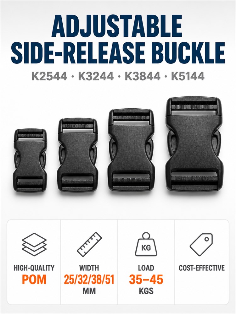 K2544-K3244-K3844-K5144 Industrial-Grade POM Side Release Buckles — 25 to 51mm Webbing Widths, Load-Tested to 35–45kg