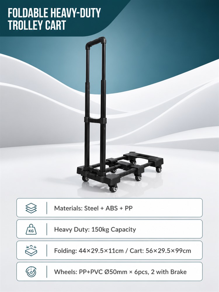 KD-T721H-3 Kingda 150kg Heavy Duty Folding Trolley Cart — Steel Frame Luggage Cart with 6 Wheels & 2 Brakes, Compact Foldable Shopping Cart for Warehouse, Home & Retail