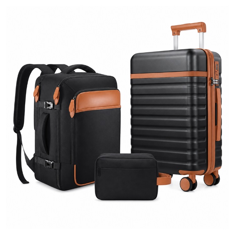 3-Piece Carry-On Set: 20in Hardside Spinner, Backpack & Travel Pouch 副标题：PC hardside shell · TSA combination lock · YKK zippers · PP rubber 360° wheels · 22 x 14 x 9 in cabin size
