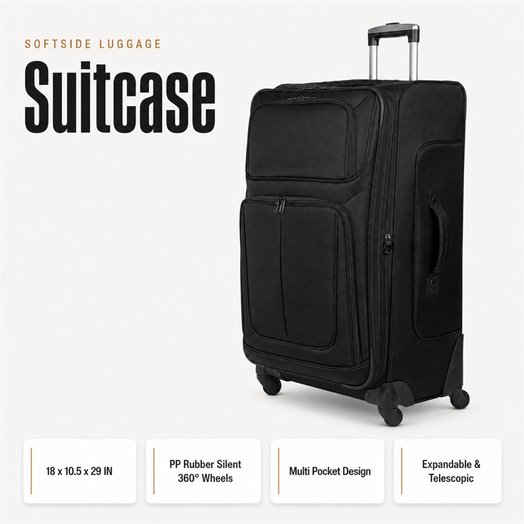 Softside Spinner Suitcase, 18 × 10.5 × 29 IN — Expandable Multi-Pocket Travel Luggage with Silent 360° Wheels